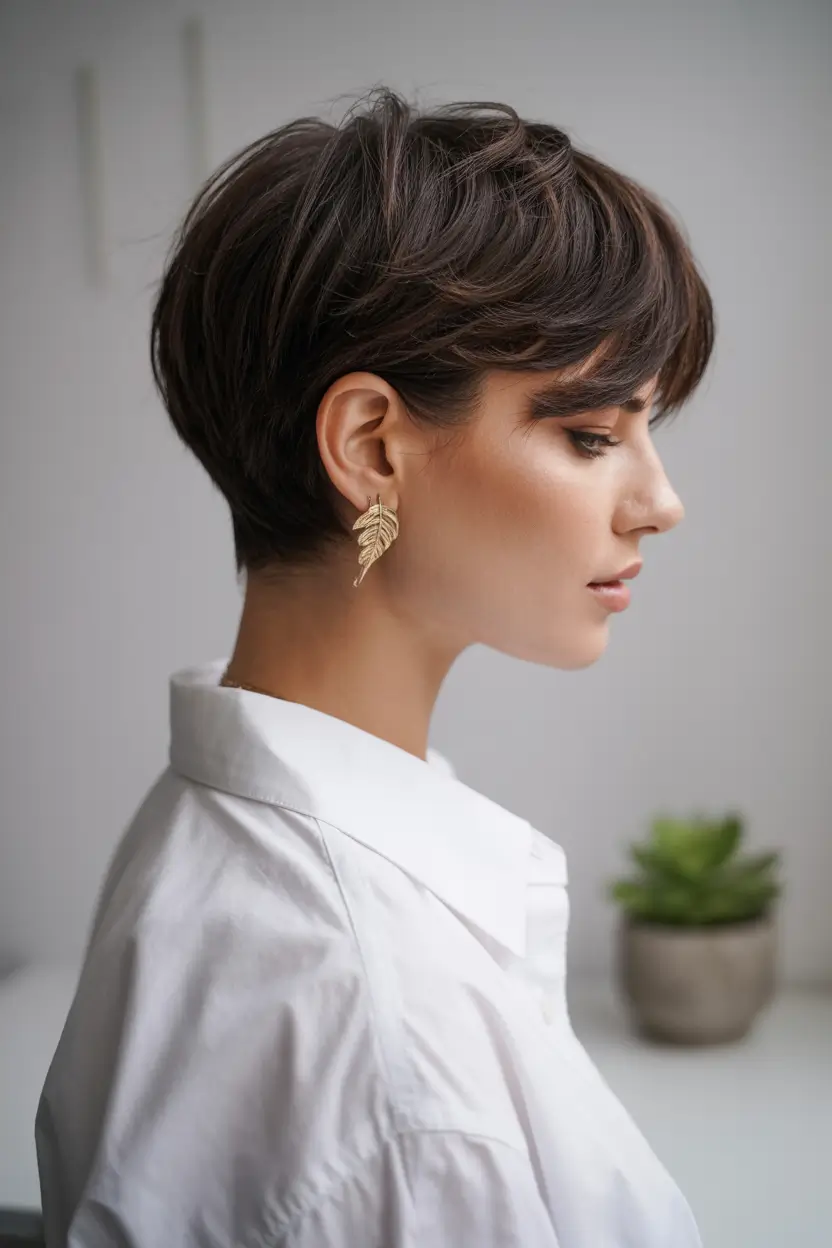 winter pixie haircuts 2025 - 2026 Glossy Brunette Bowl-Pixie Fusion