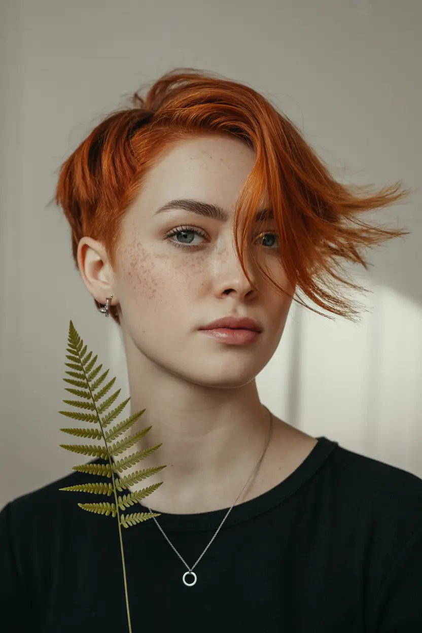 winter pixie haircuts 2025 - 2026 Fiery Copper Pixie with Windswept Layers