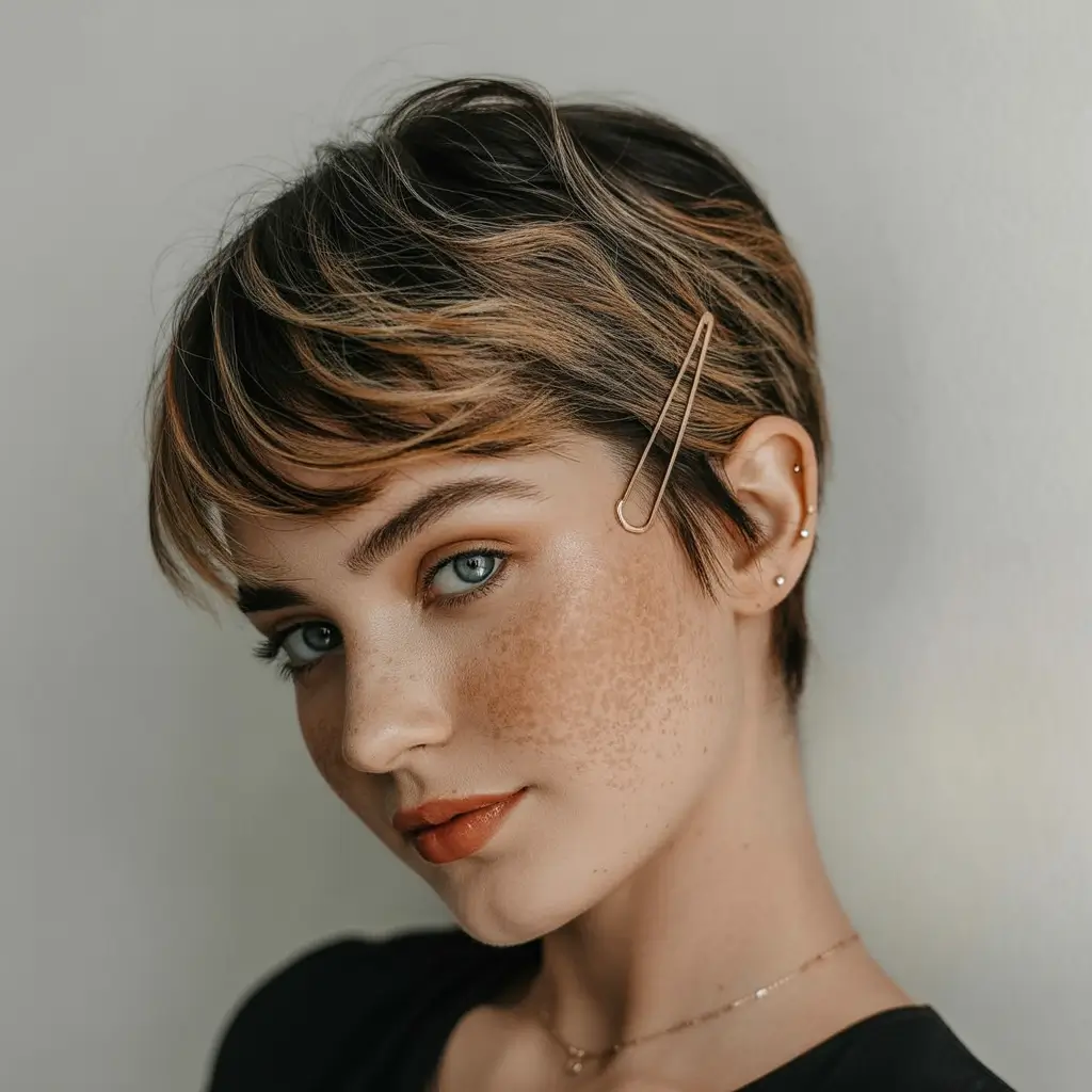 winter pixie haircuts 2025 - 2026 Soft Brunette Pixie with Playful Clips