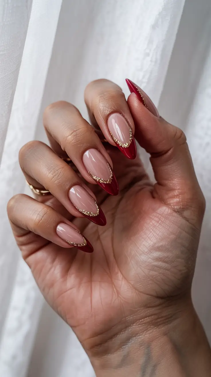 red winter nails 2025 Golden Edge French