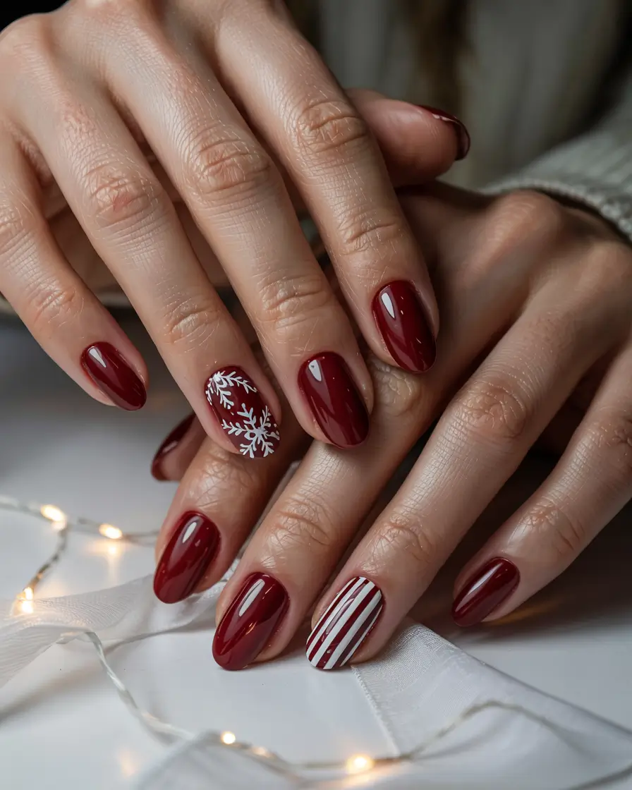 red winter nails 2025 Candy Cane & Snowflake Harmony