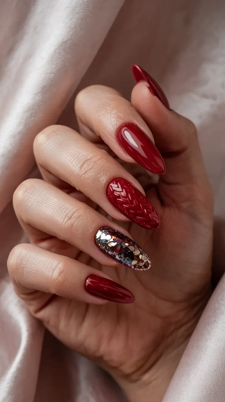 red winter nails 2025 Knit Texture and Sequined Glow