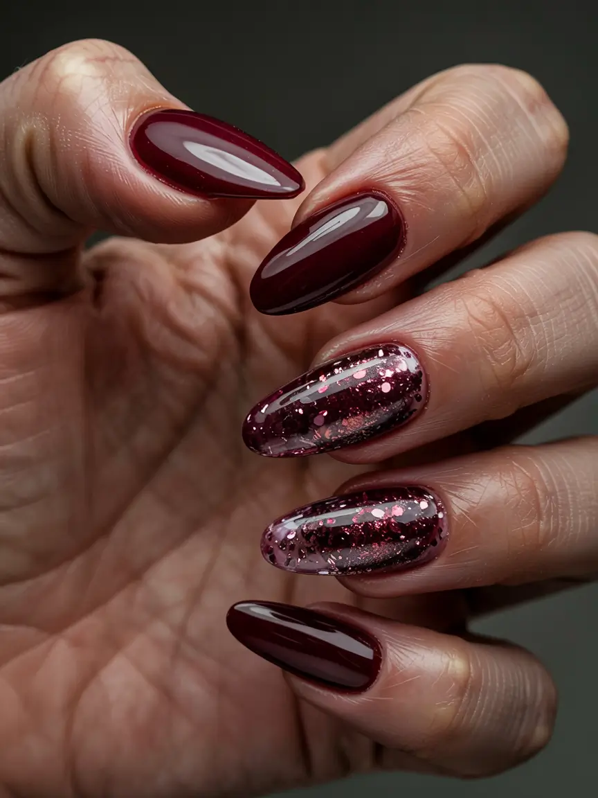 red winter nails 2025 Mulled Wine & Glitter Mist