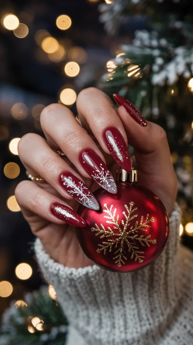 red winter nails 2025 Snowflake Elegance