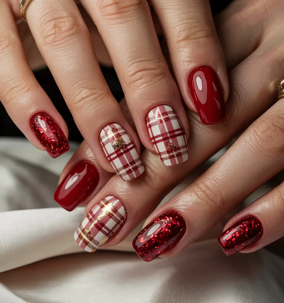 red winter nails 2025 Holiday Tartan Glam