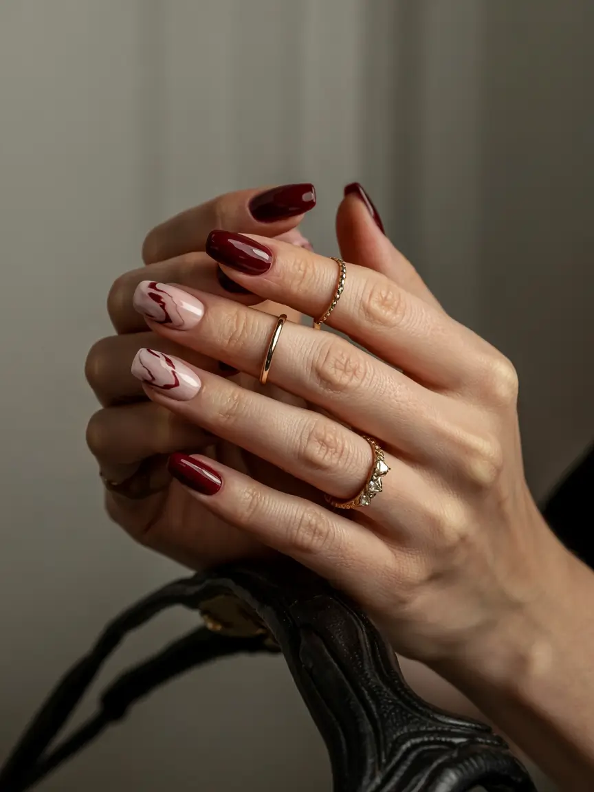 red winter nails 2025 Glossed Cabernet Swirl