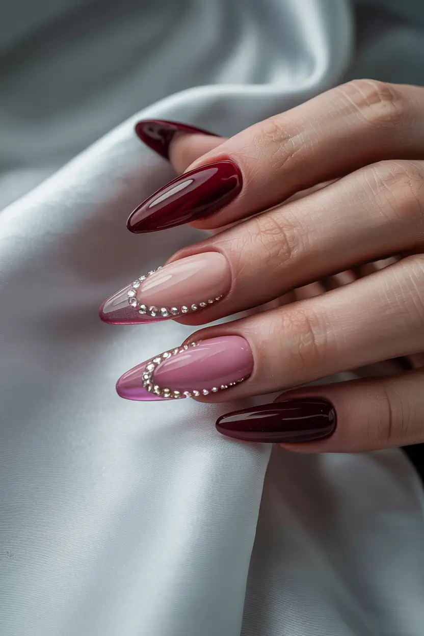 red winter nails 2025 Burgundy Dreams with Crystal Curves
