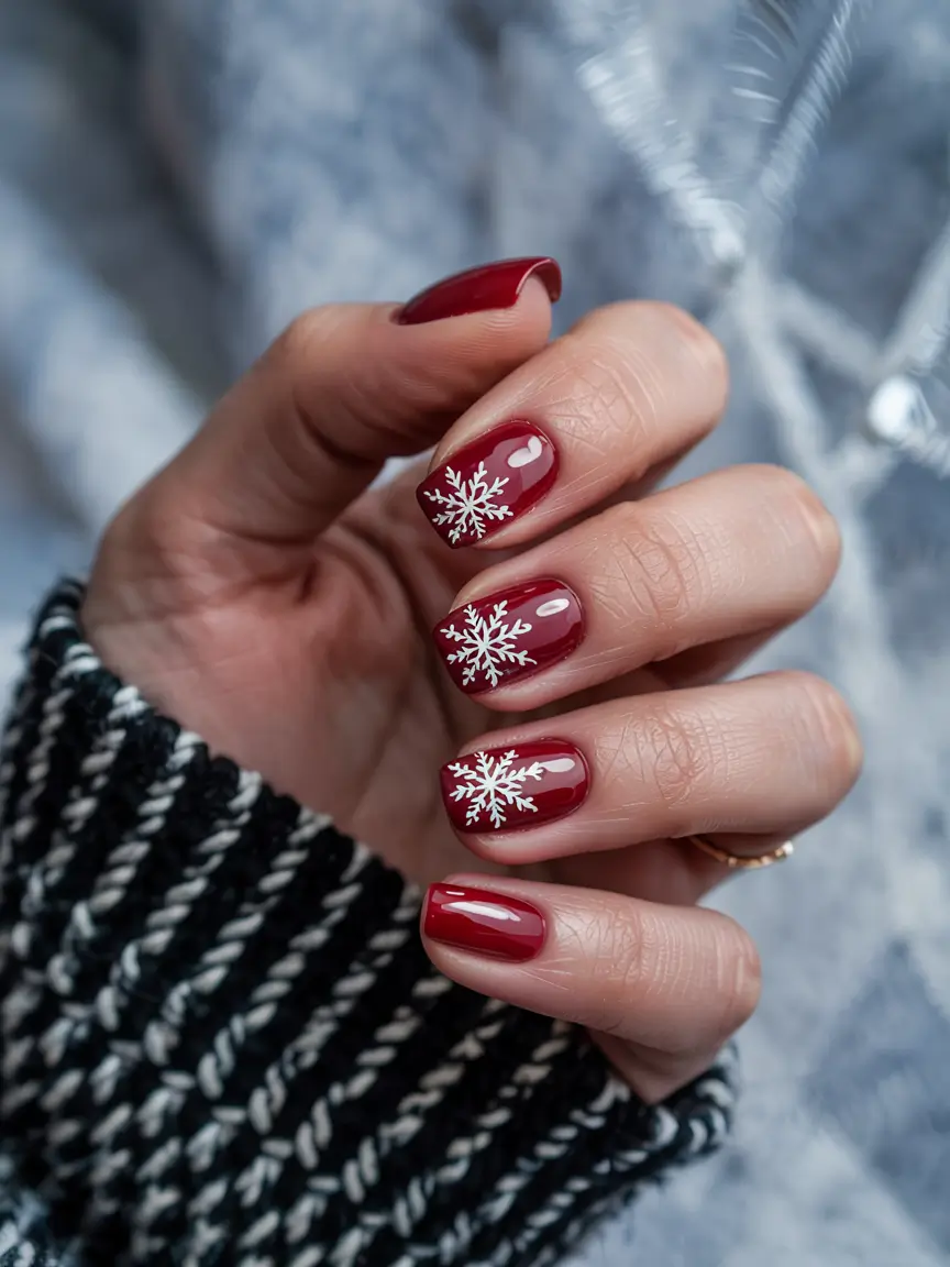 red winter nails 2025 Snowflake Charm on Scarlet