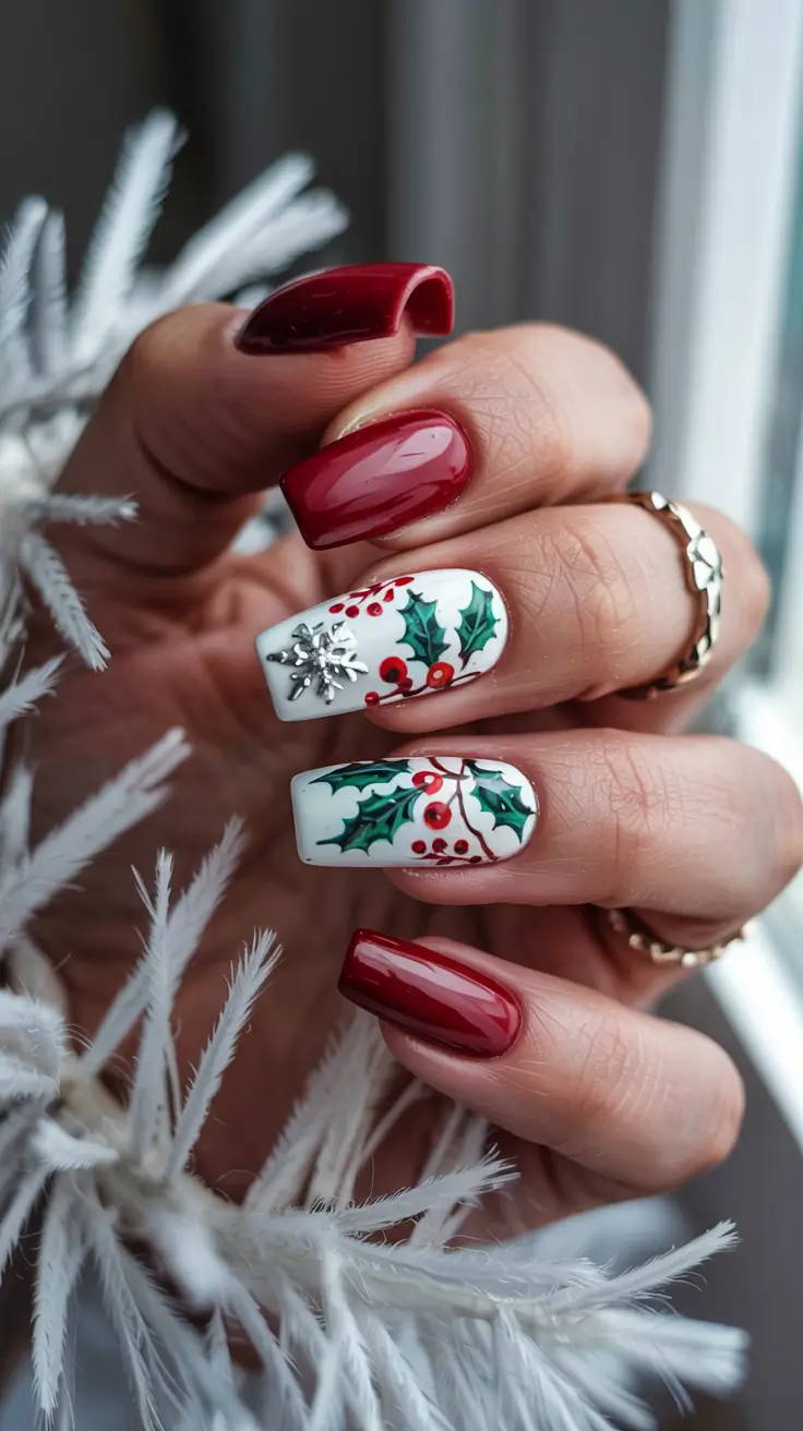 red winter nails 2025 Festive Holly & Sparkle Delight