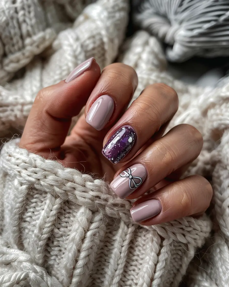 short winter nails ideas 2025 muted mauve cosmic spark