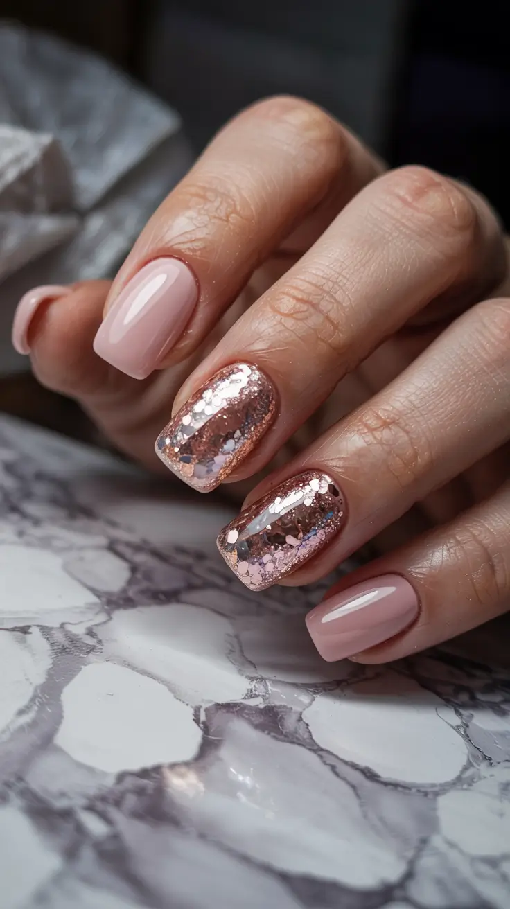 short winter nails ideas 2025 rose quartz sequin glow