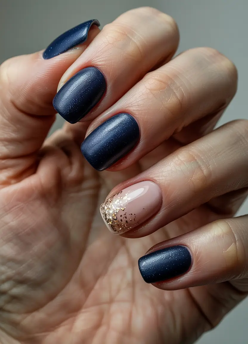 short winter nails ideas 2025 velvet midnight golden edge