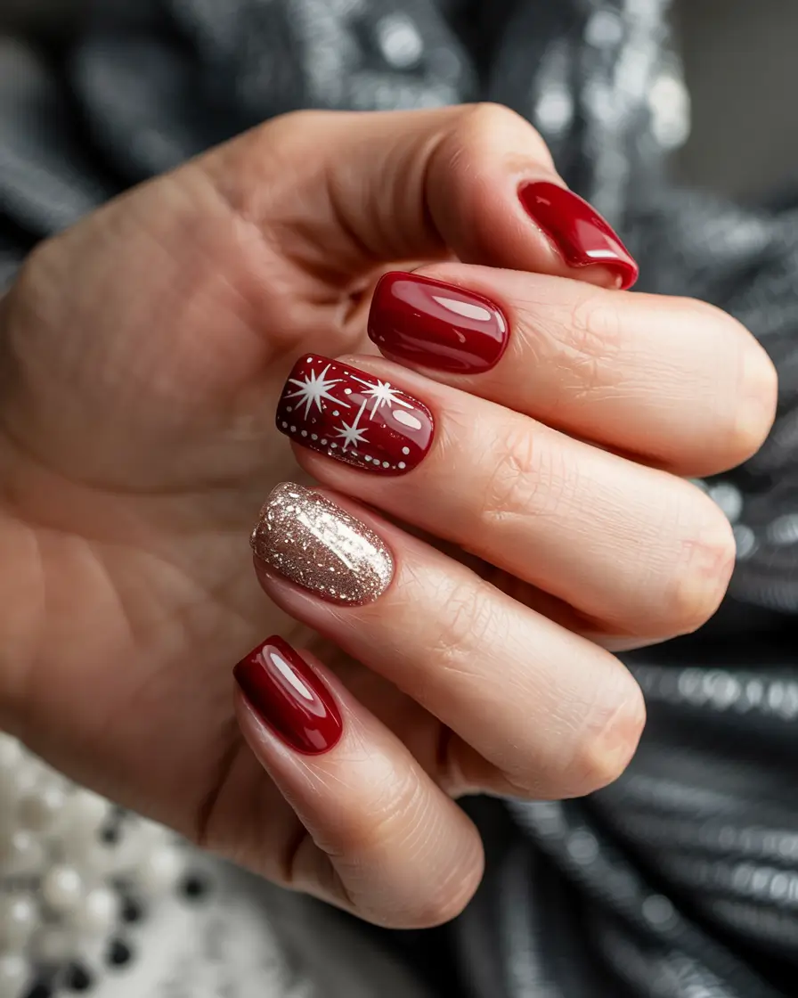 short winter nails Christmas Festive Scarlet & Gold Spark