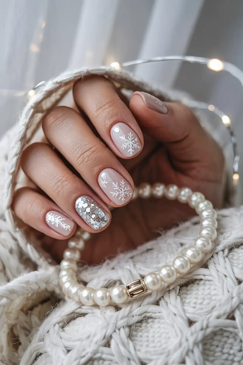 short winter nails ideas Snowflake Sparkle Elegance
