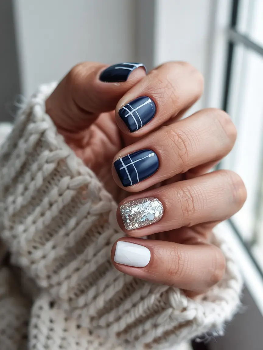 short winter nails ideas Midnight Plaid Magic