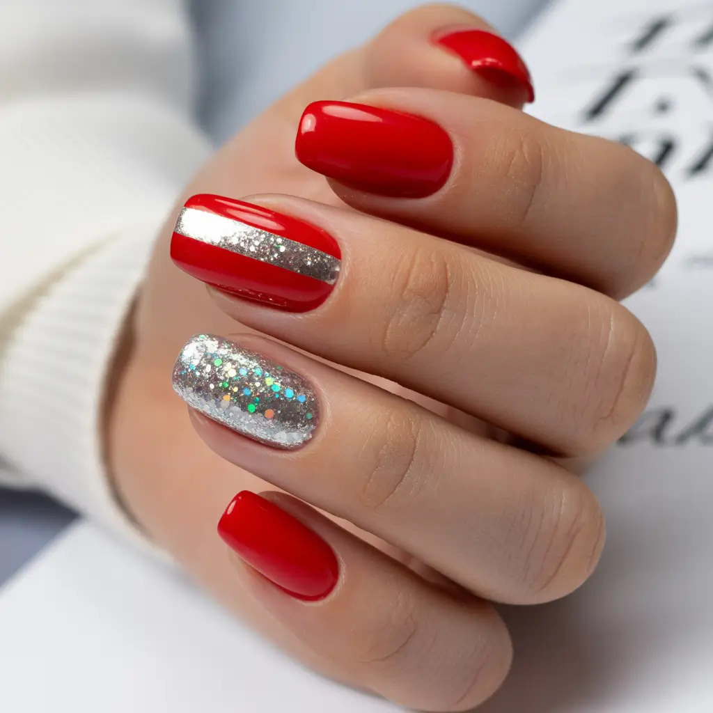 simple christmas nails winter Glam Red Elegance with Silver Touch