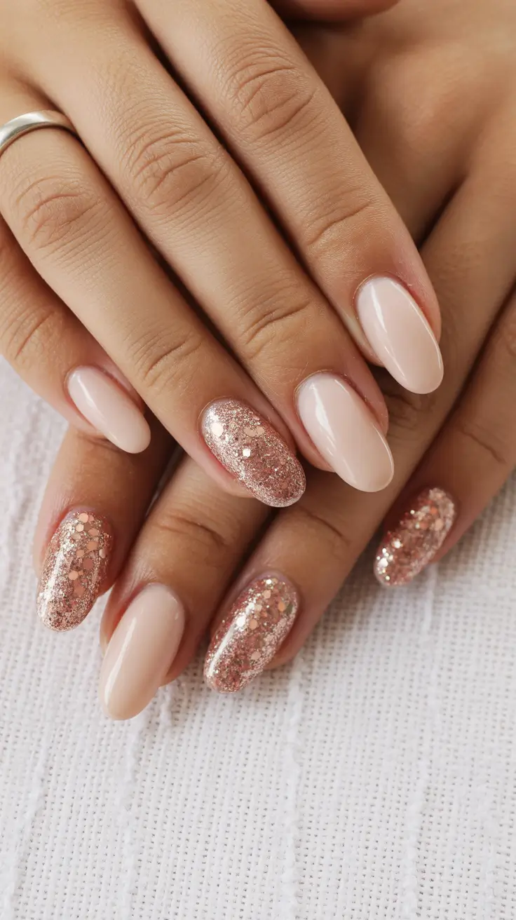 simple christmas nails almond Soft Blush and Rose Gold Sparkle