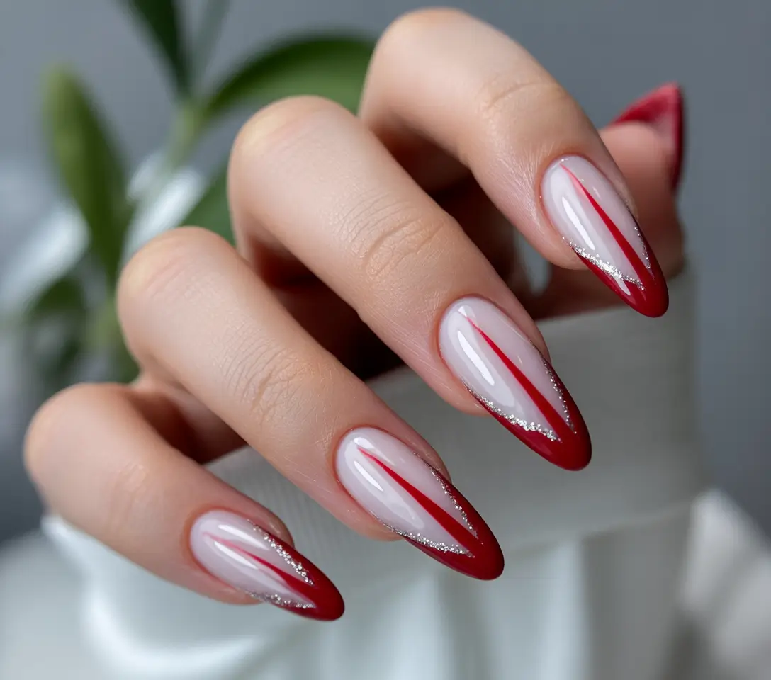 simple christmas nails winter new years Red French Tips with a Silver Line