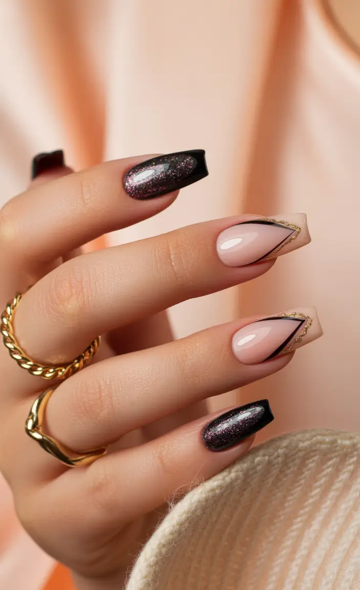 simple christmas nails square Midnight Black and Golden Edge