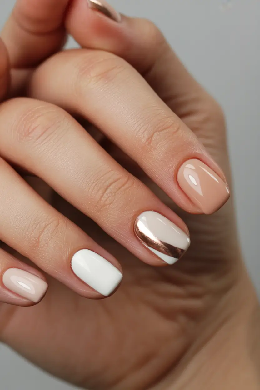 simple christmas nails short Modern Nude with Metallic Touch