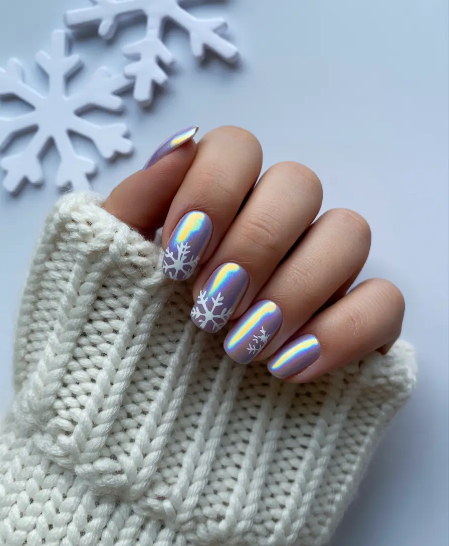 simple christmas nails design Iridescent Snowflake Glow