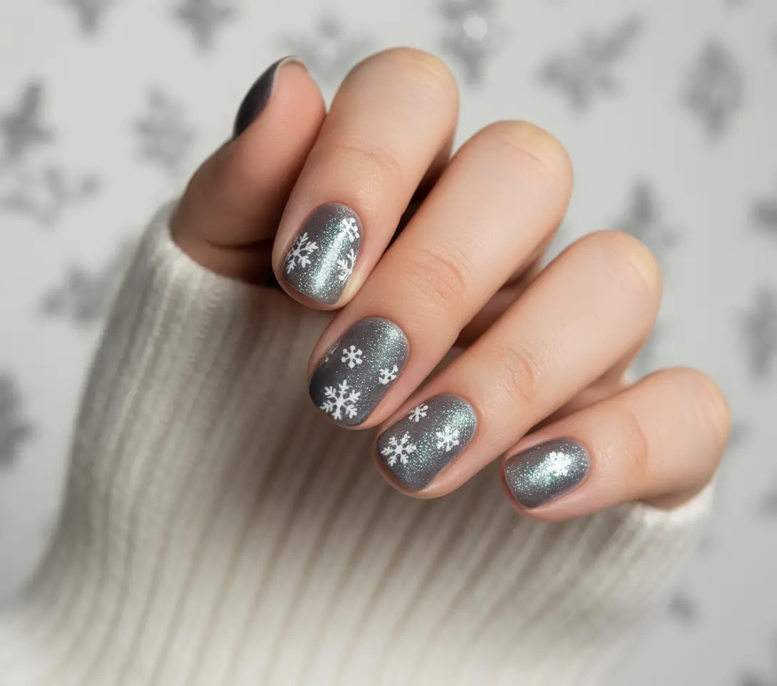 simple christmas nails winter new years Winter Gray with Snowflake Art