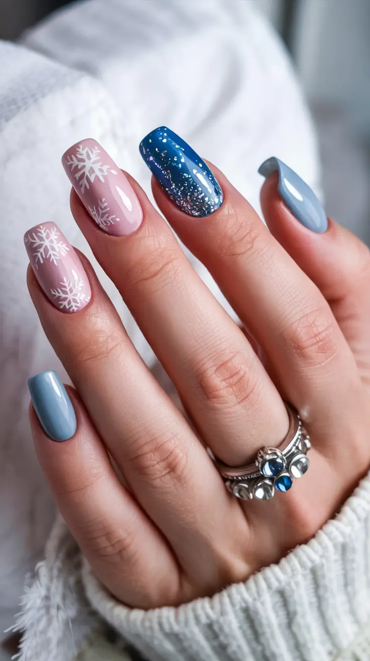 simple winter nails 2025-2026 Frosted Blue and Blush Snowflakes