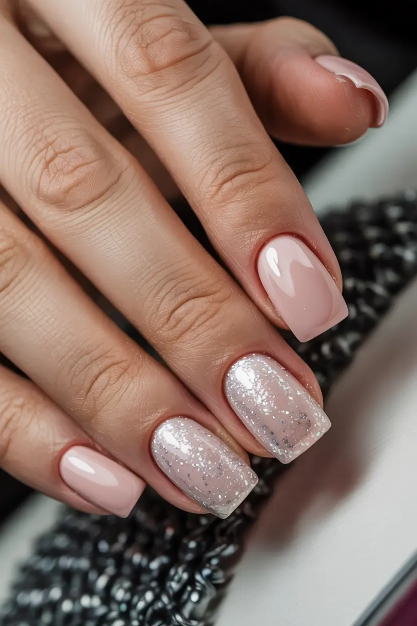 simple winter nails 2025-2026 Soft Blush with Silver Sheen