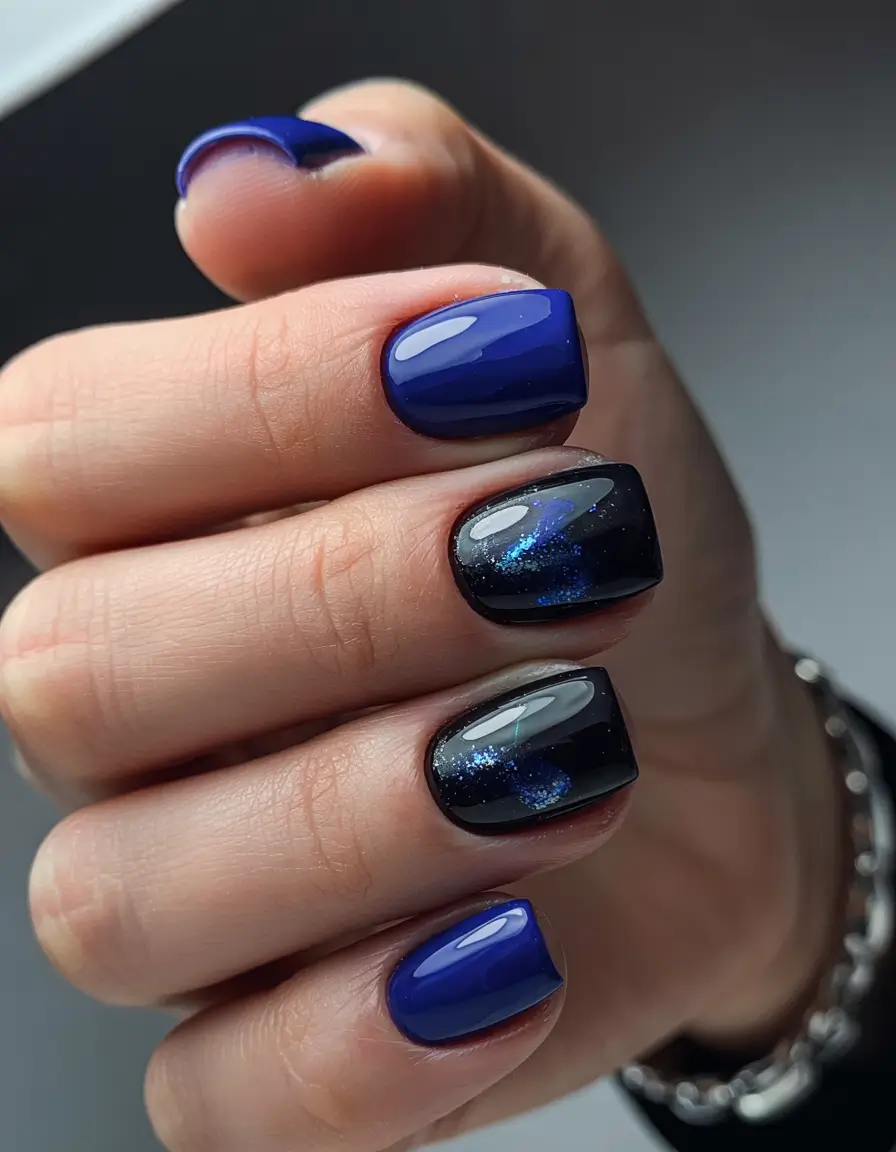 simple winter nails 2025-2026 Midnight Galaxy Blue