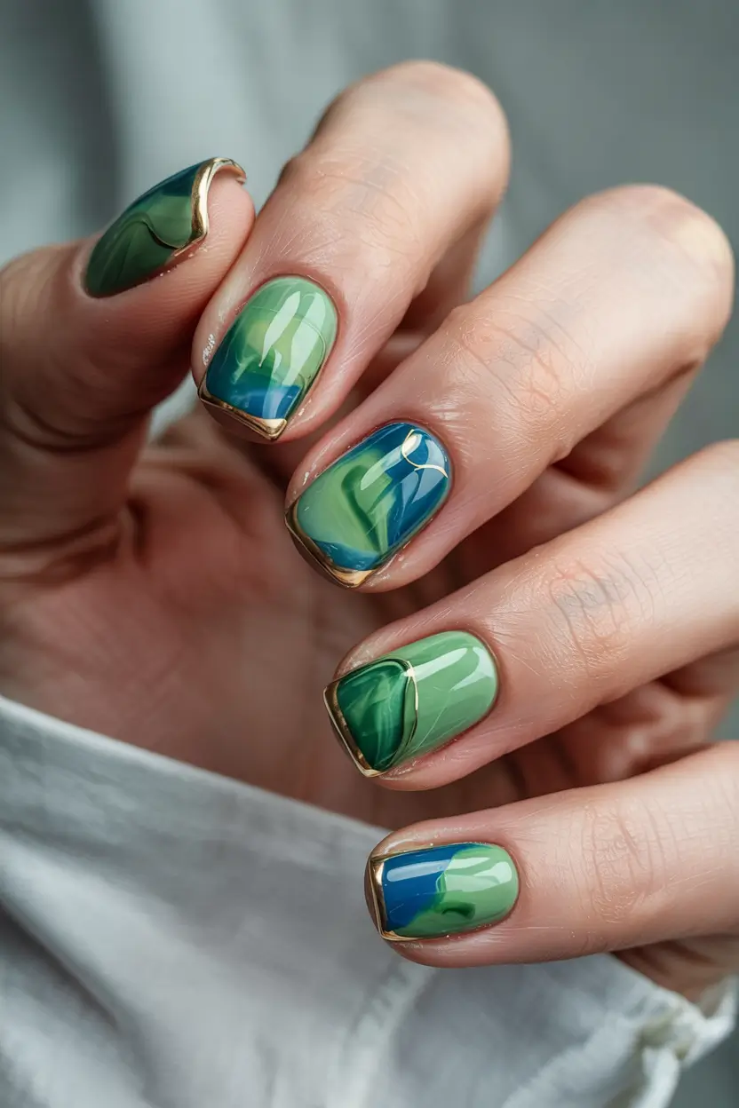 simple winter nails 2025-2026 Emerald & Ocean Marble Fusion