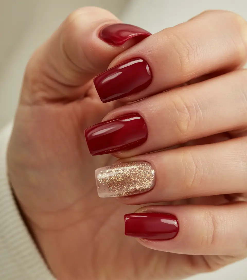 simple winter nails 2025-2026 deep red warmth with golden glow