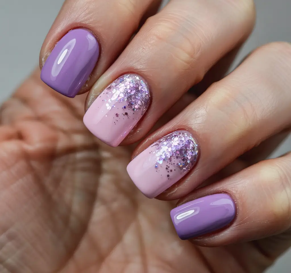 simple winter nails 2025-2026 Lavender Glitter Melt