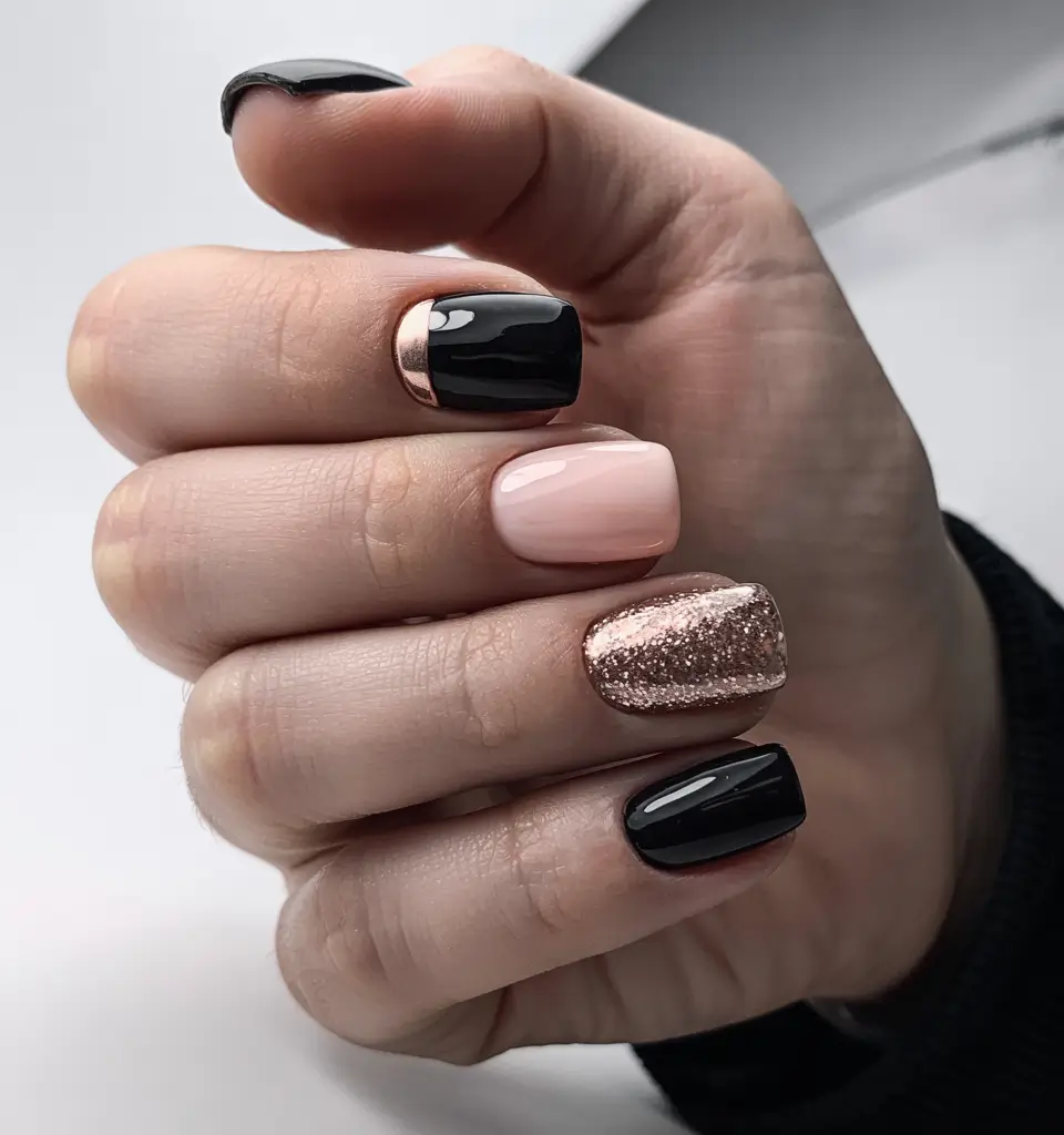simple winter nails 2025-2026 black and rose gold contrast