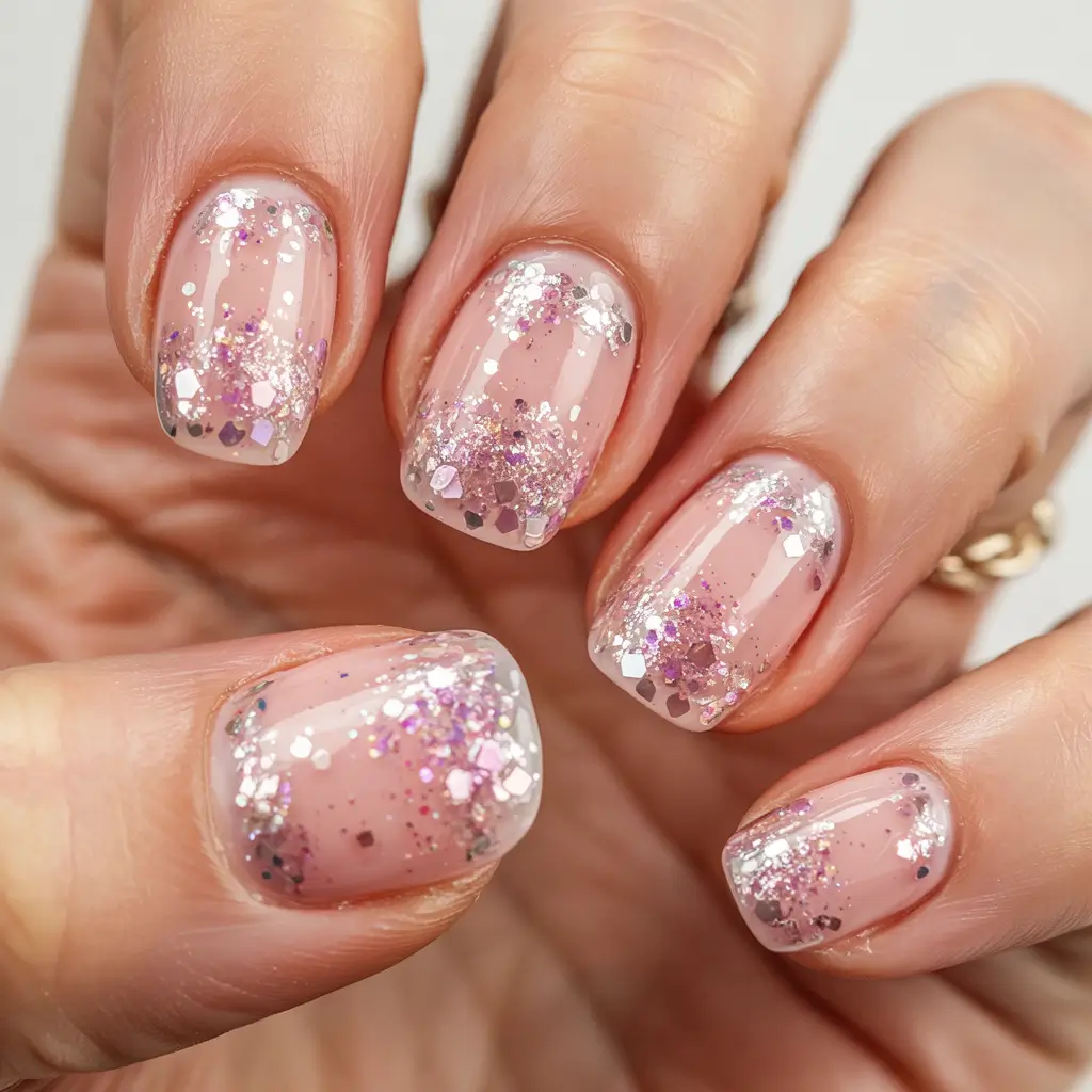 simple winter nails 2025-2026 Soft Pink Glitter Frost