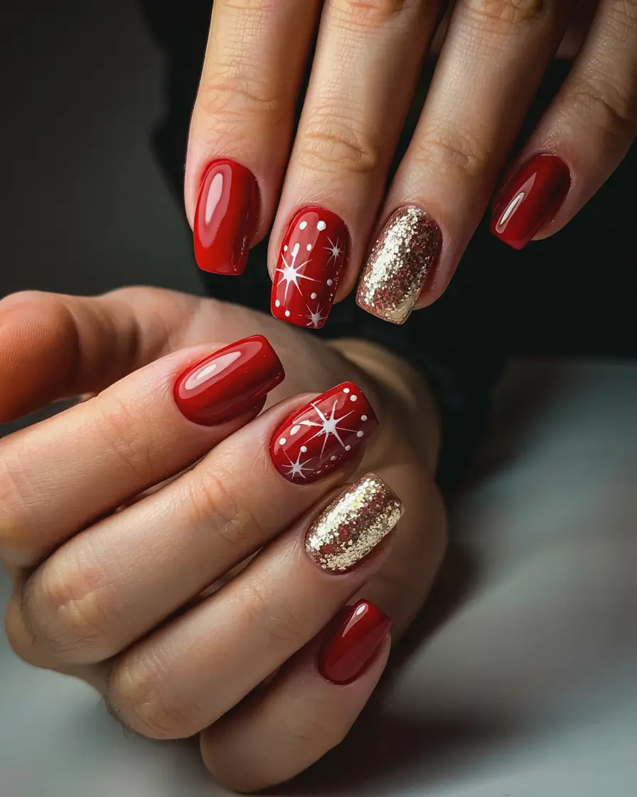 simple winter nails 2025-2026 Festive Scarlet and Gold Sparkle