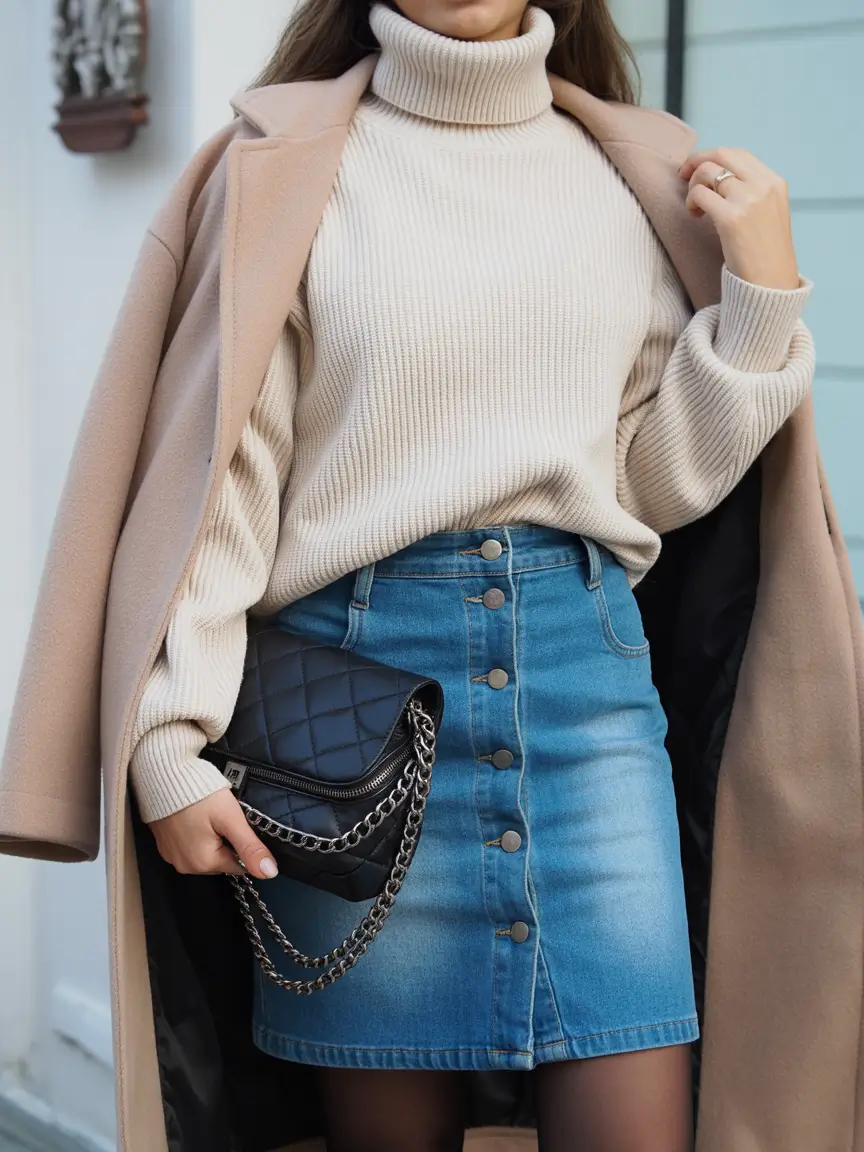 skirt outfits fall Denim Revival with a Cozy Twist