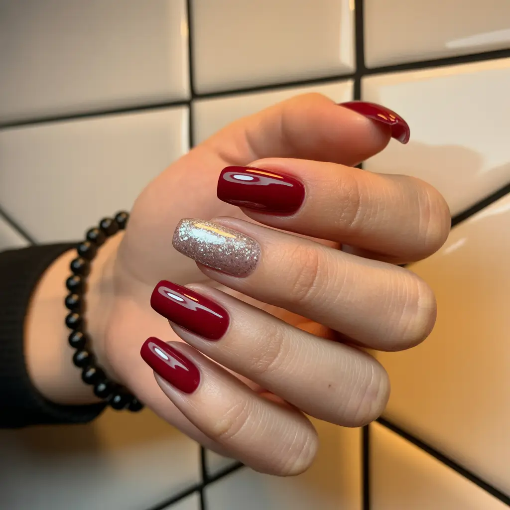 christmas nail designs Classic Ruby Glam with a Silver Twist