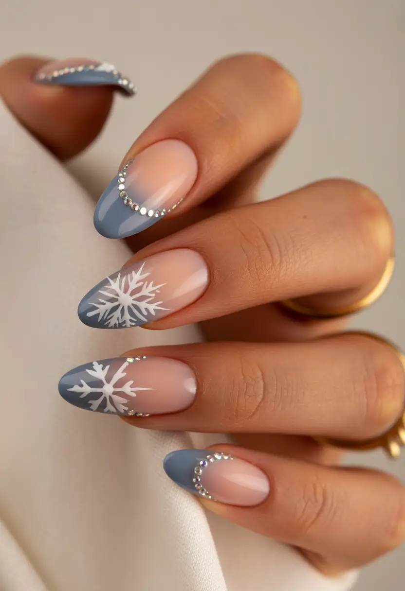 christmas nail designs Snowflake French Tips with Rhinestone Accents