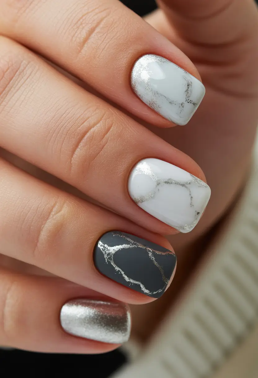 christmas nail designs Marble Luxe in Silver and Slate