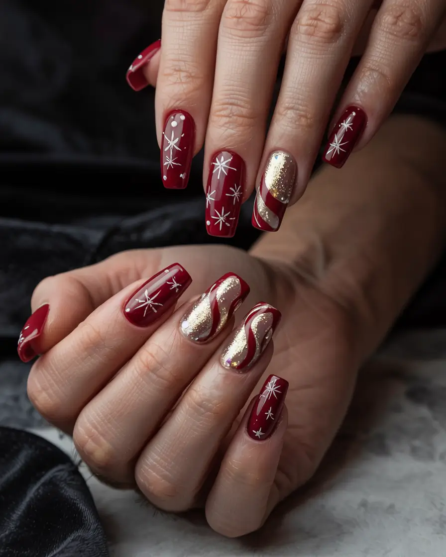 winter-nails-ideas-2025-golden-red-stardust