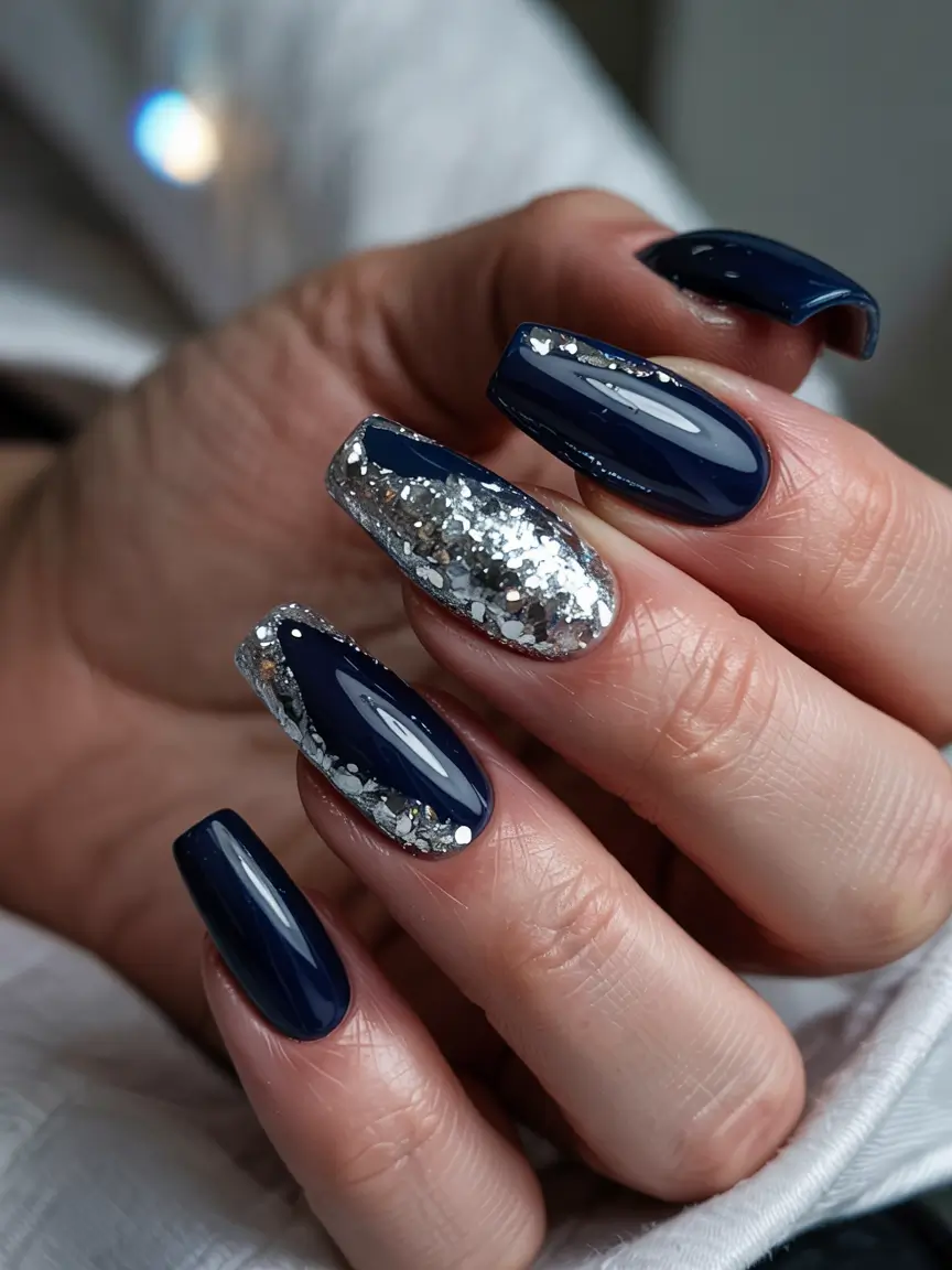 winter nails ideas blue Midnight Elegance with Silver Spark