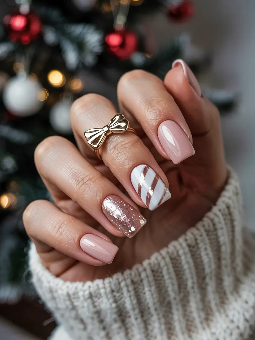 winter nails ideas pink Blush & Candy Stripe Delight