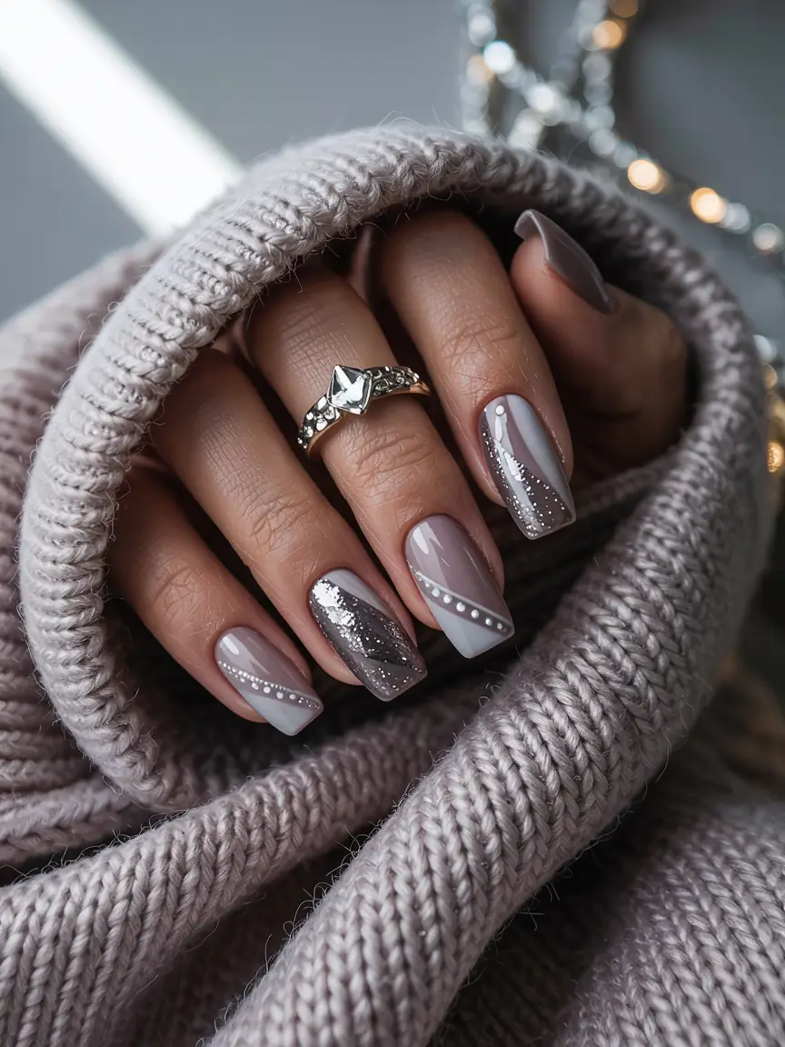 winter nails ideas acrylic Soft Taupe Glamour with Silver Geometry
