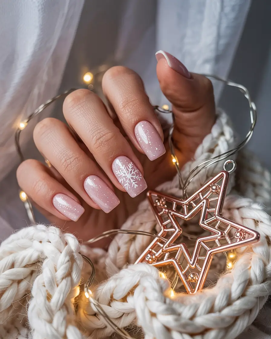 winter-nails-ideas-pink-snowflake-whisper