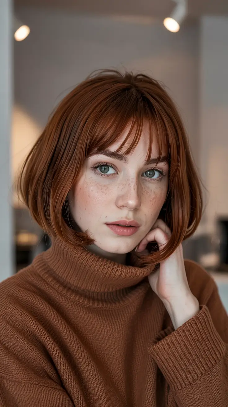 Trendy Cute Winter 2025-2026 Haircut Ideas Ginger Bob with Curtain Bangs