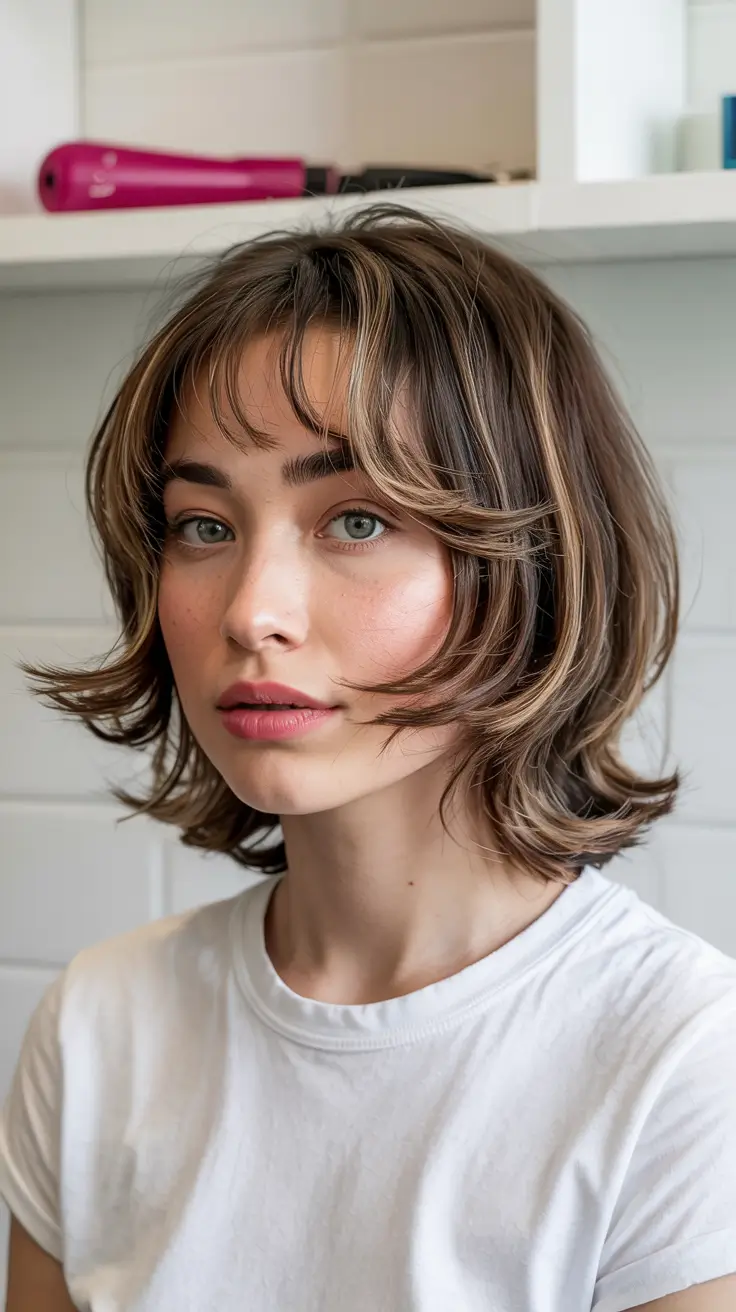 Trendy Cute Winter 2025-2026 Haircut Ideas Shaggy Bob with Wispy Bangs