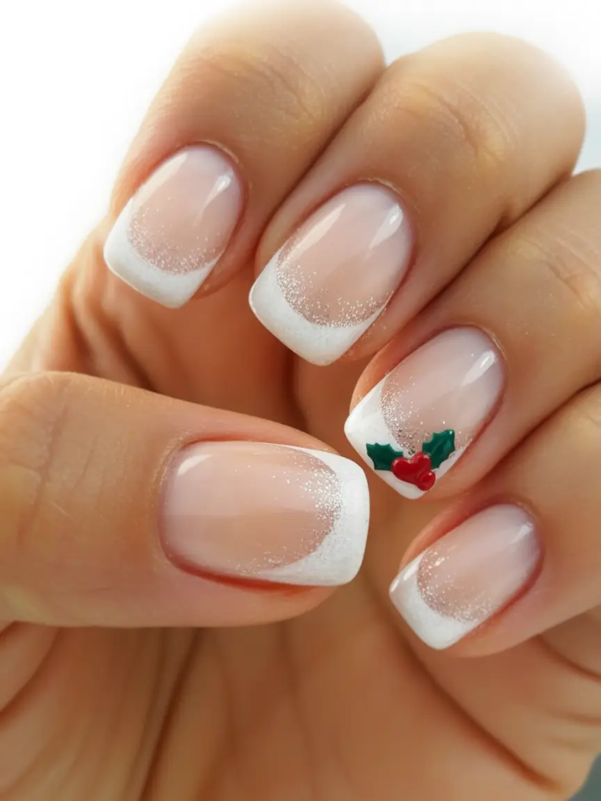 christmas french nails white Classic Holly French