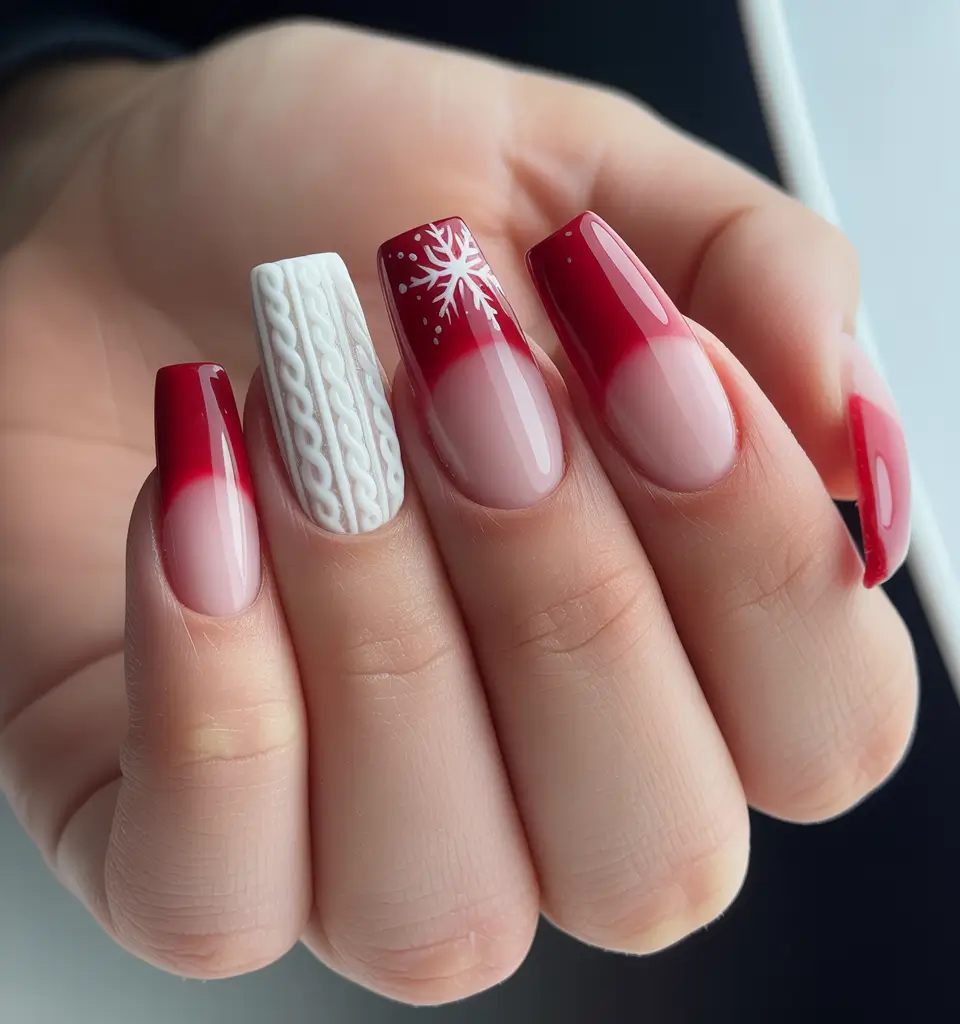 christmas french nails red Cozy Red & Knit Combo