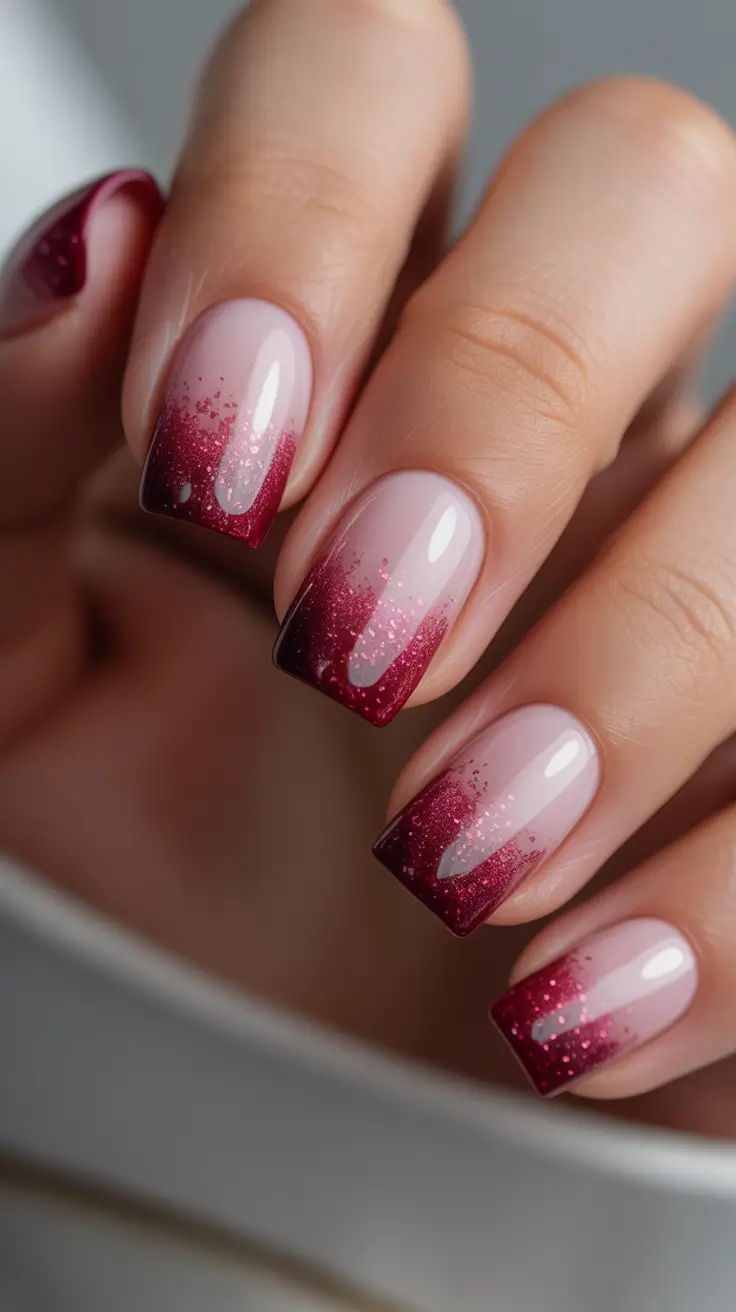 christmas french nails design Burgundy Glow Fade