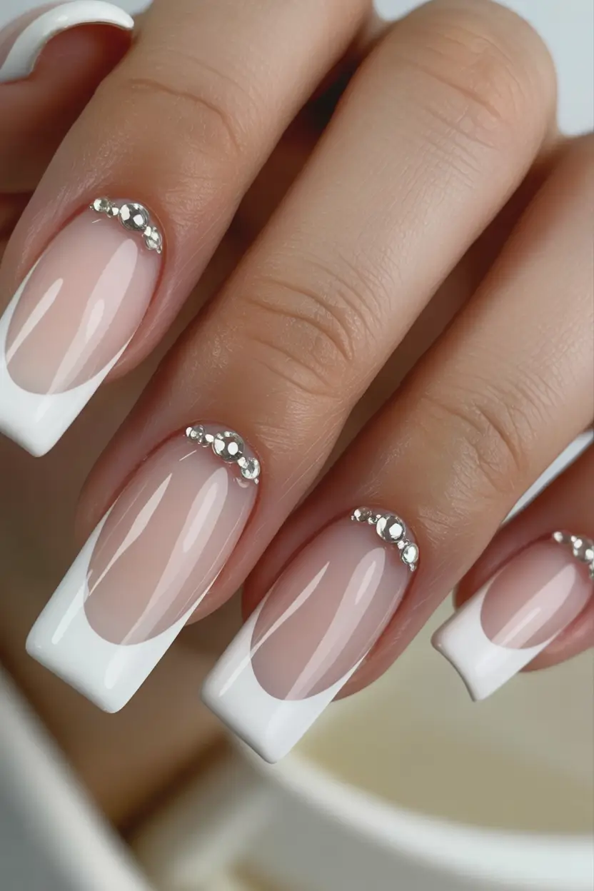 christmas french nails white Crystal White French Grace